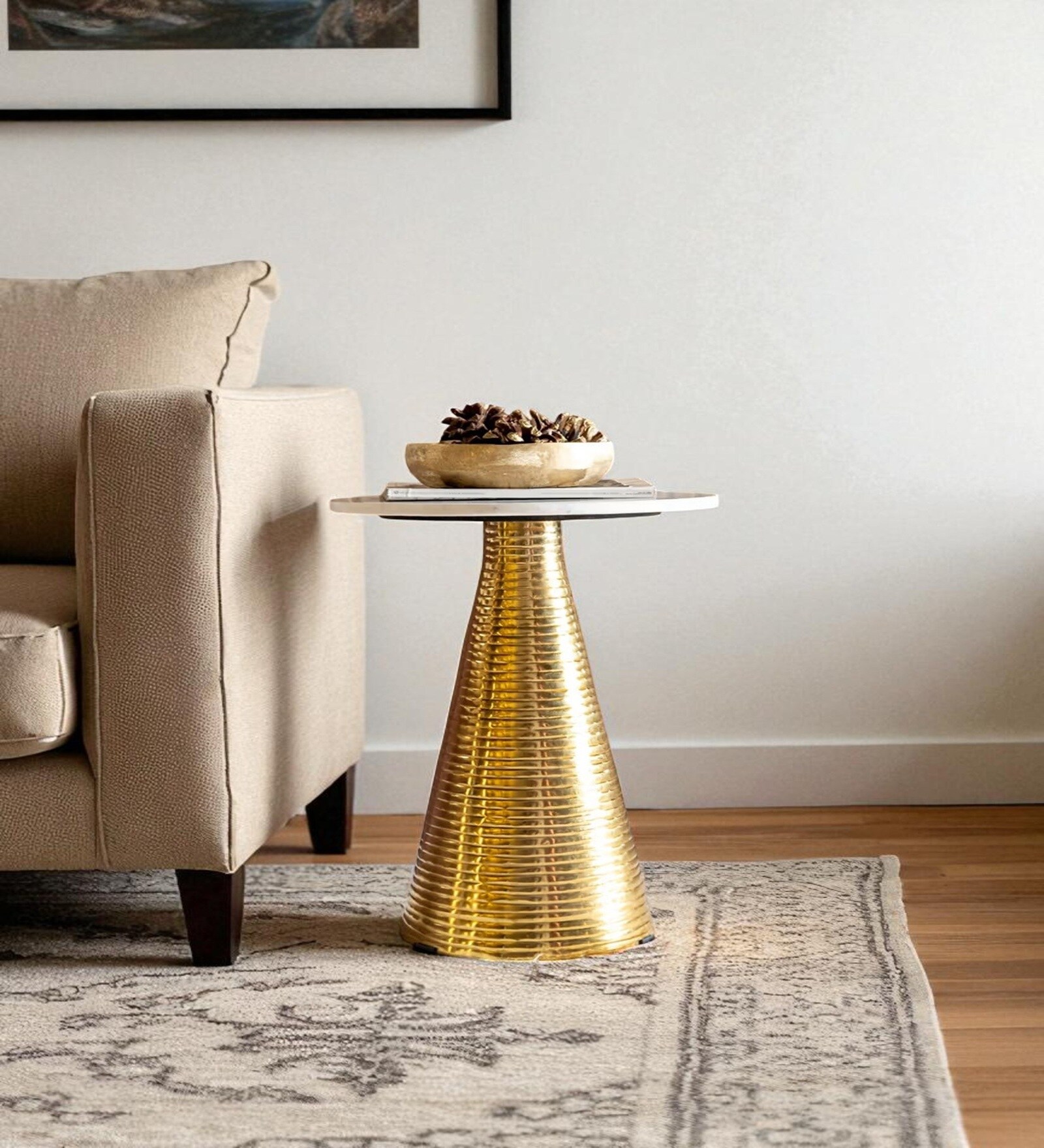 Auric Marble Top Metal End Table In Gold Colour