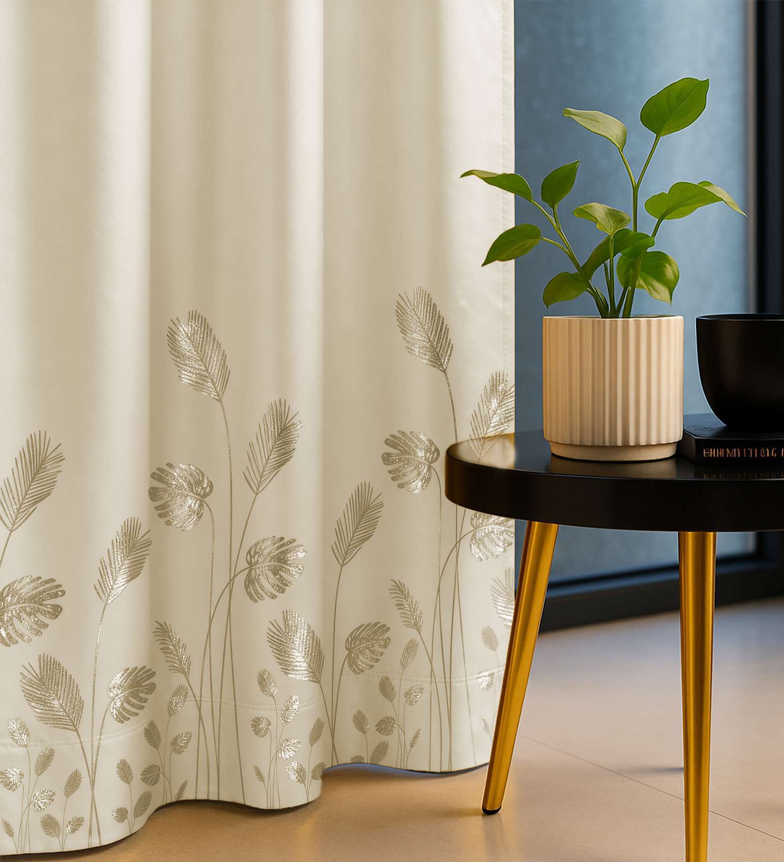 Aurika Beige Foil Print Polyester Curtains for Long Door Pack of 2
