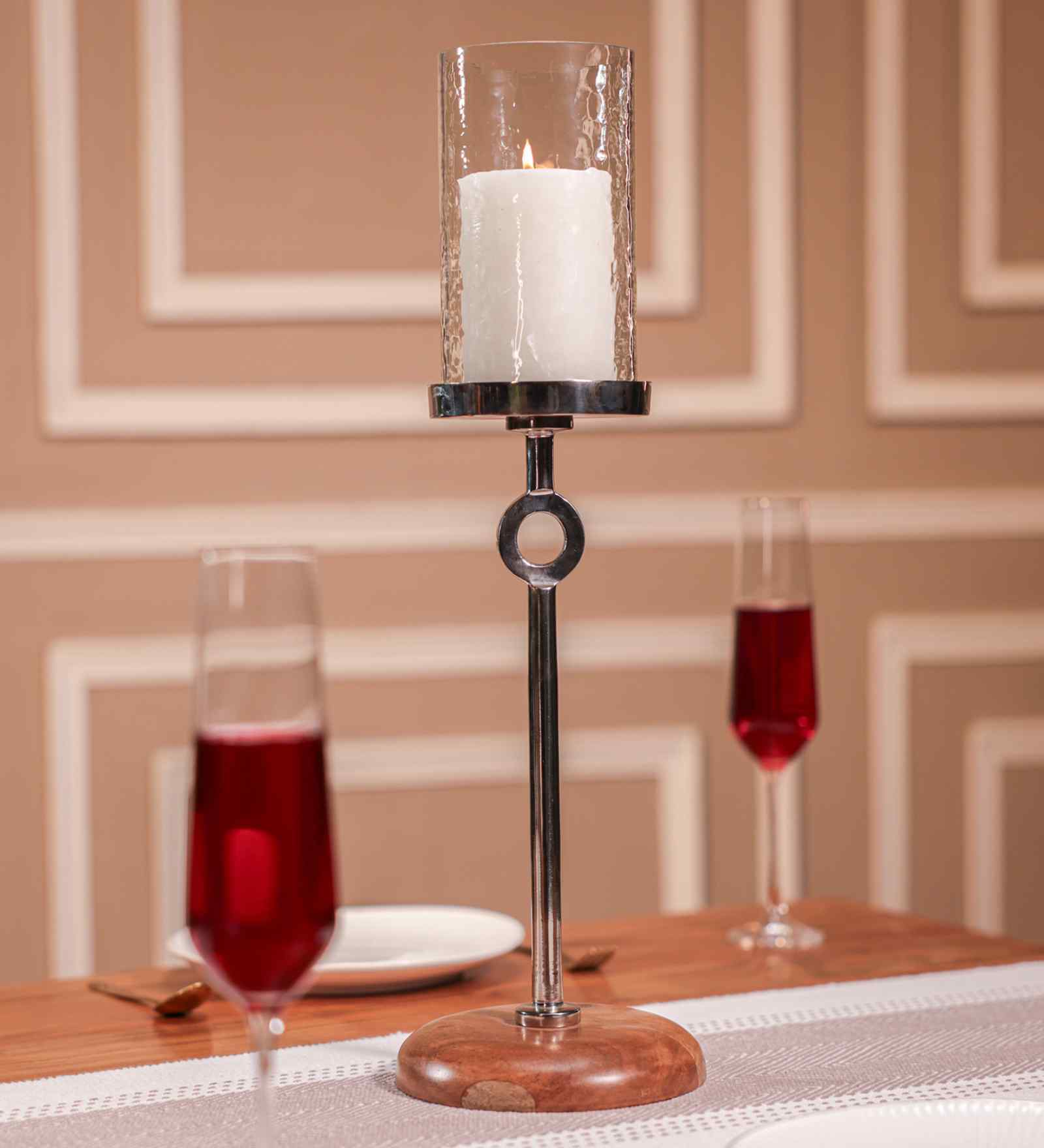 Aurora Acacia Wood Candle and T-Light Holder with Metal Stand & Glass