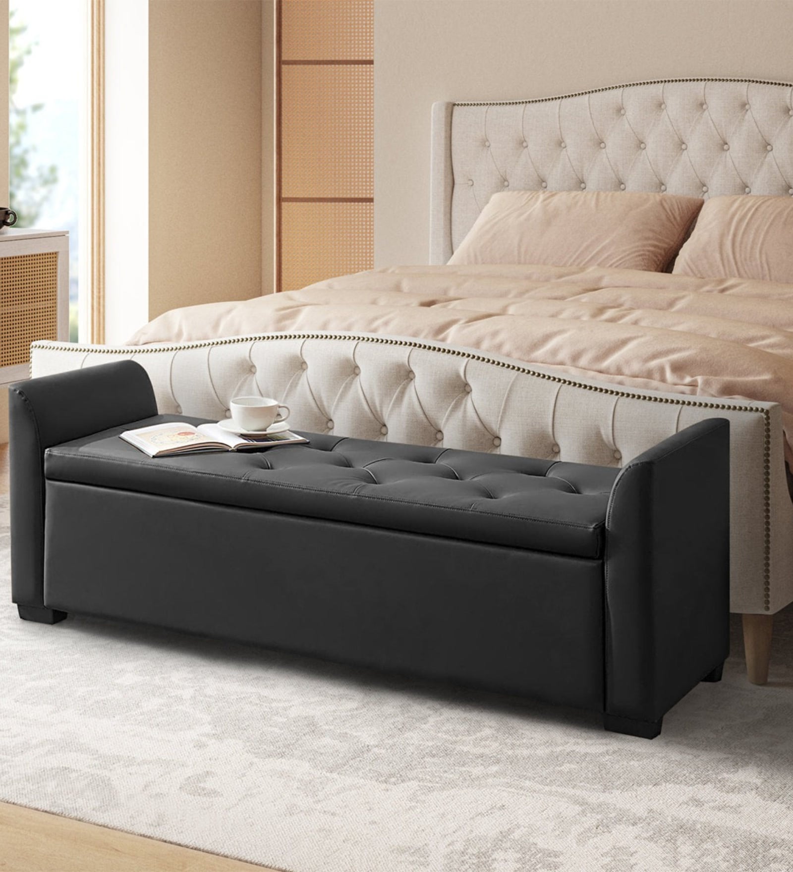 Aurora Fabric Luxe Leatherette Storage Ottoman in Ash Grey Colour Aurora Fabric Luxe Leatherette Storage Ottoman in Ash Grey Colour