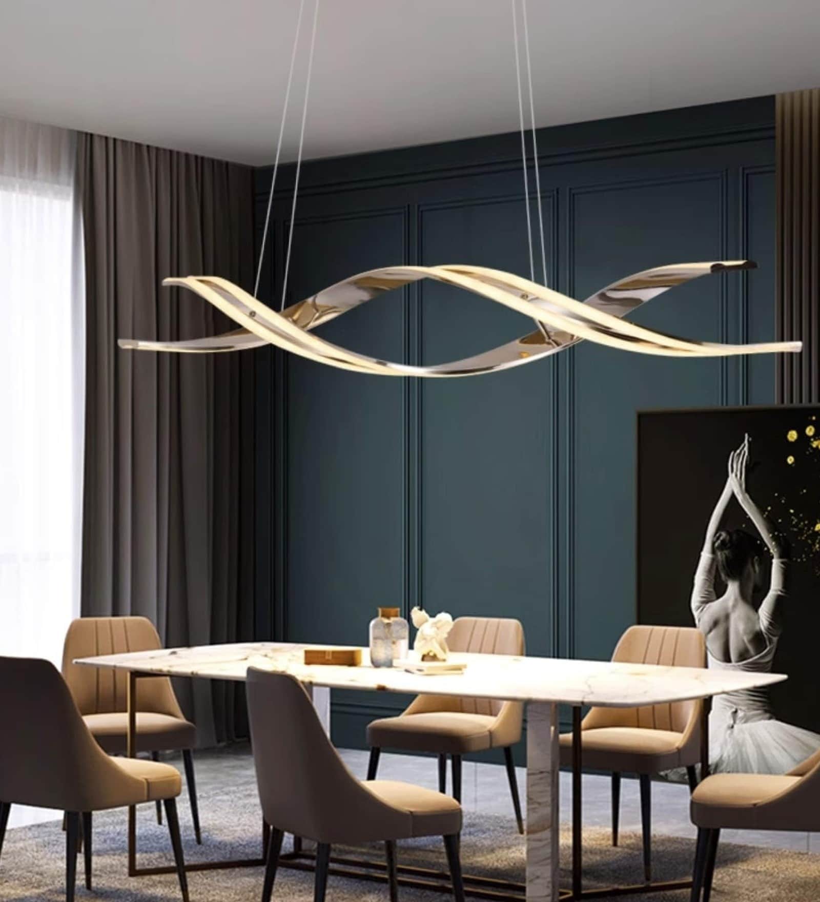 Aurora Wave Gold 3C LED Pendant Chandelier for Dining Room