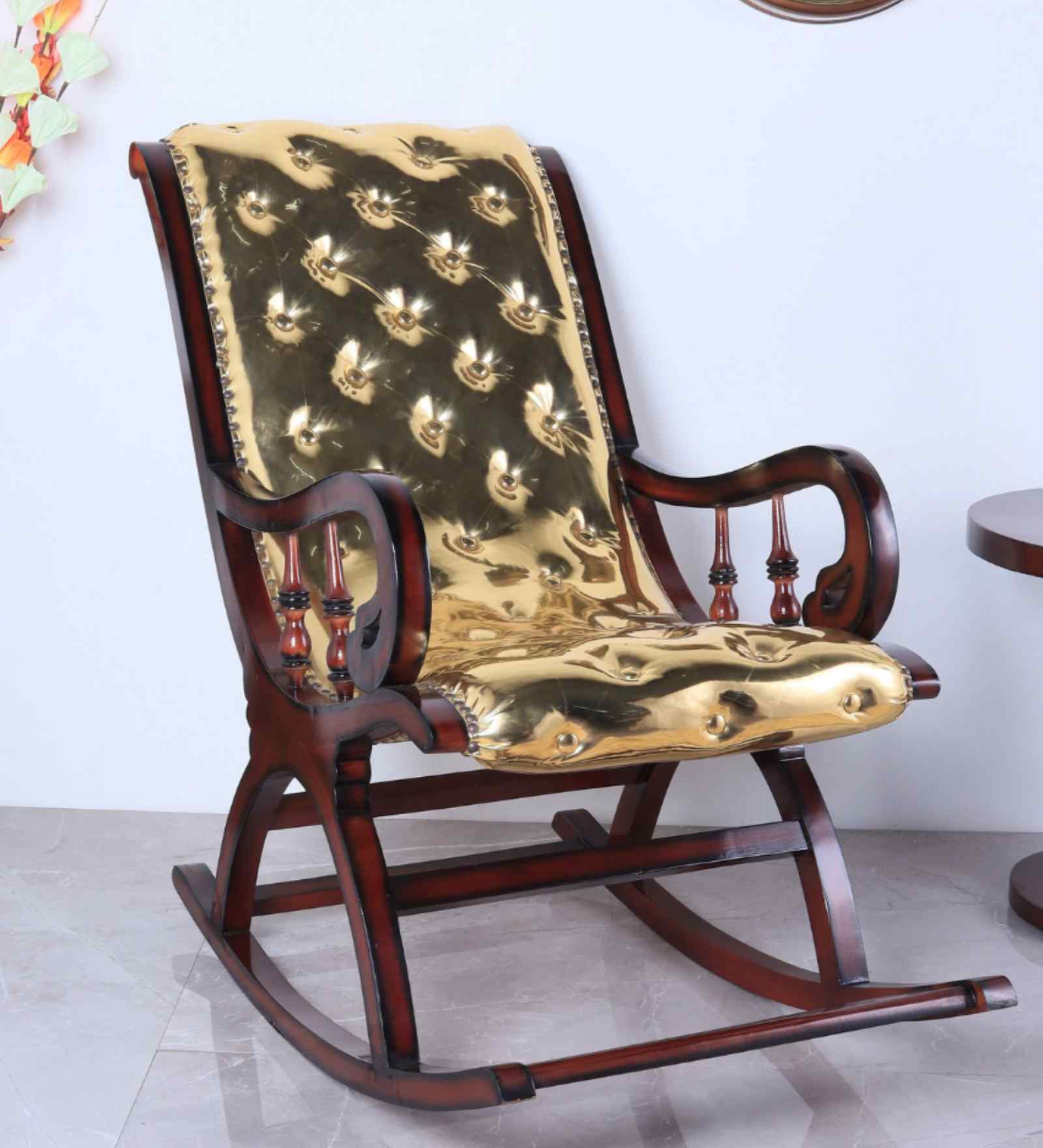 Aurum Fabric Upholstered Teak Wood Rocking Chair In Brown  Finish