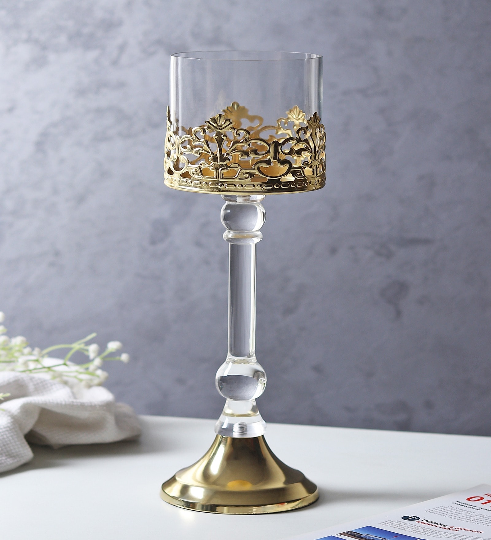 Aurum Gold Crest Pillar Candle Holder Big