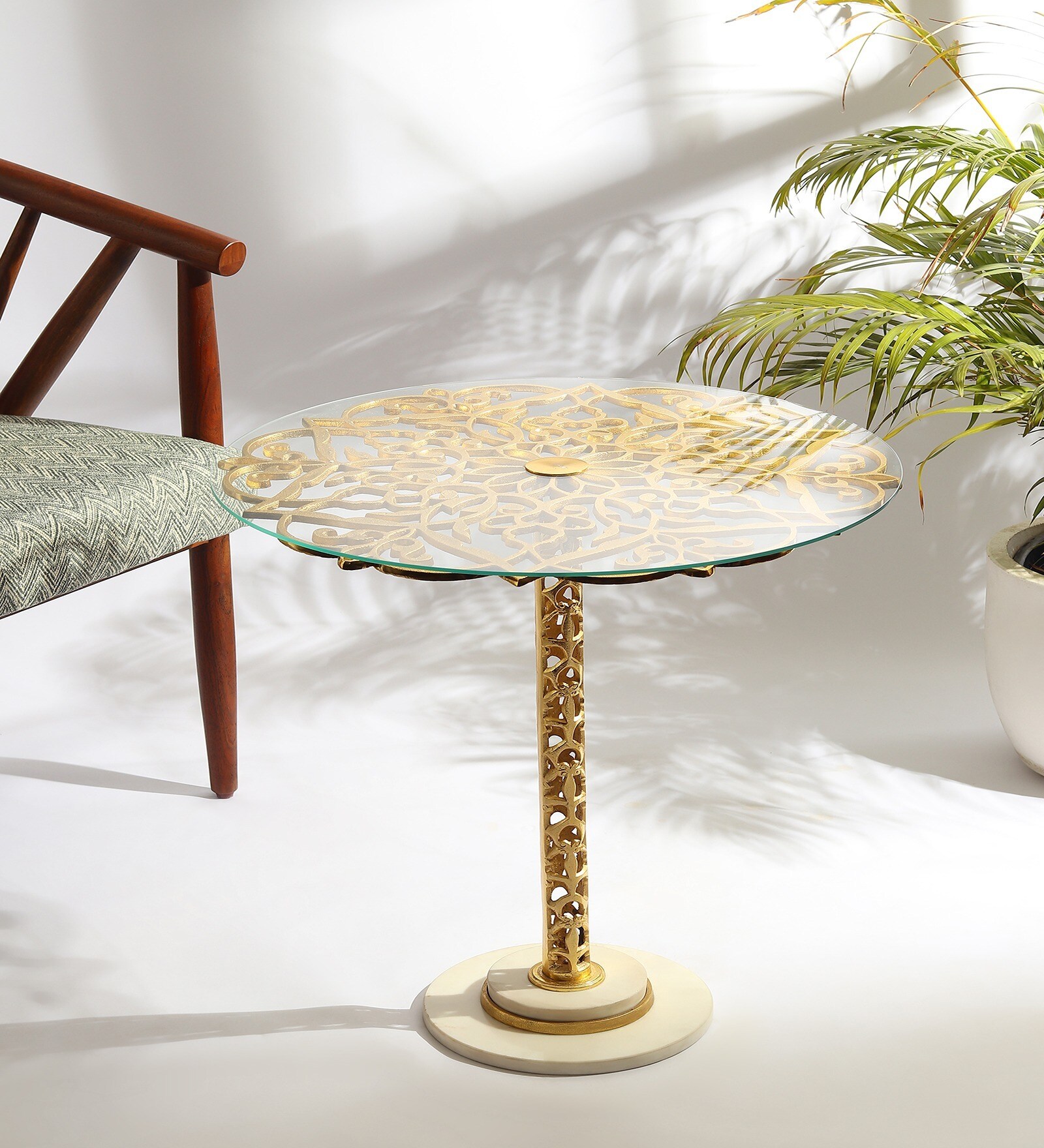 Aurum Marble End Table In Gold & White Finish