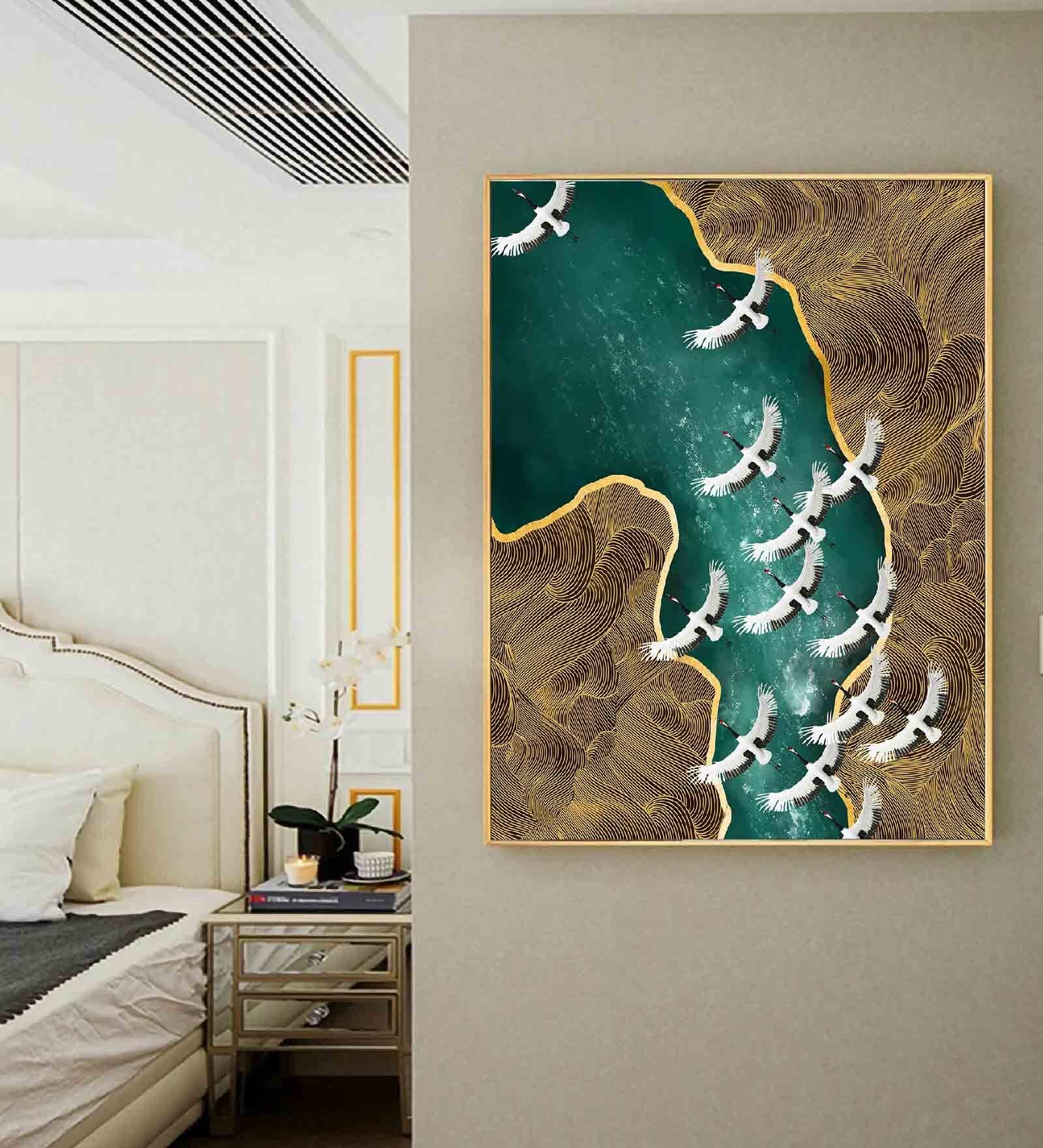 Auspicious Cranes Multicolour Engineered Wood Framed Canvas Wall Painting