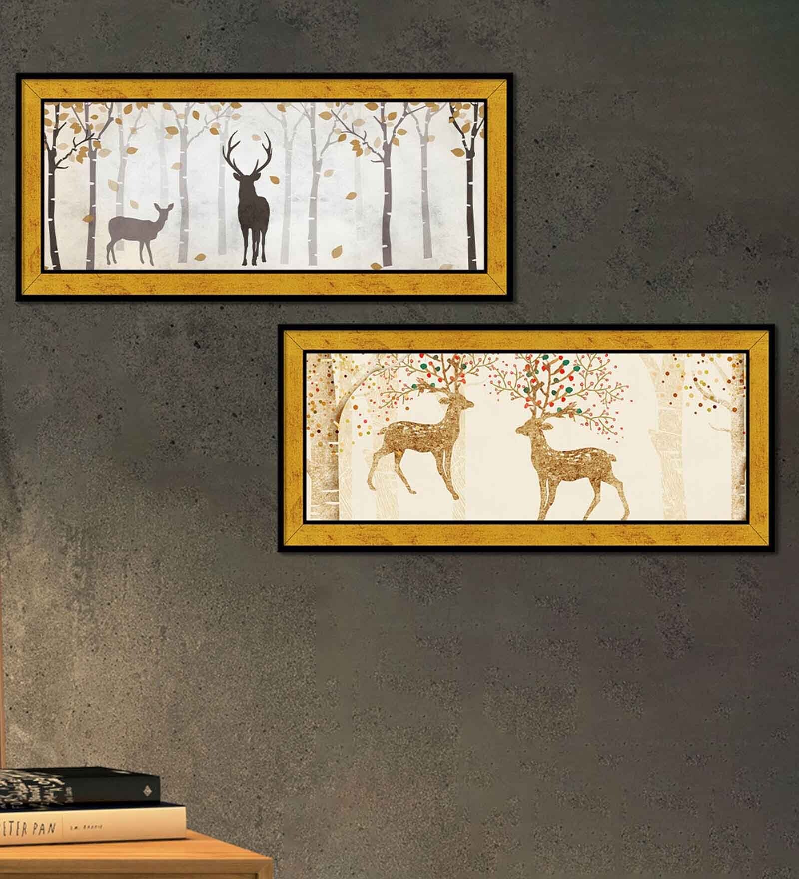 Auspicious Deer Gold Synthetic Wood (Set of 2) Art Panels