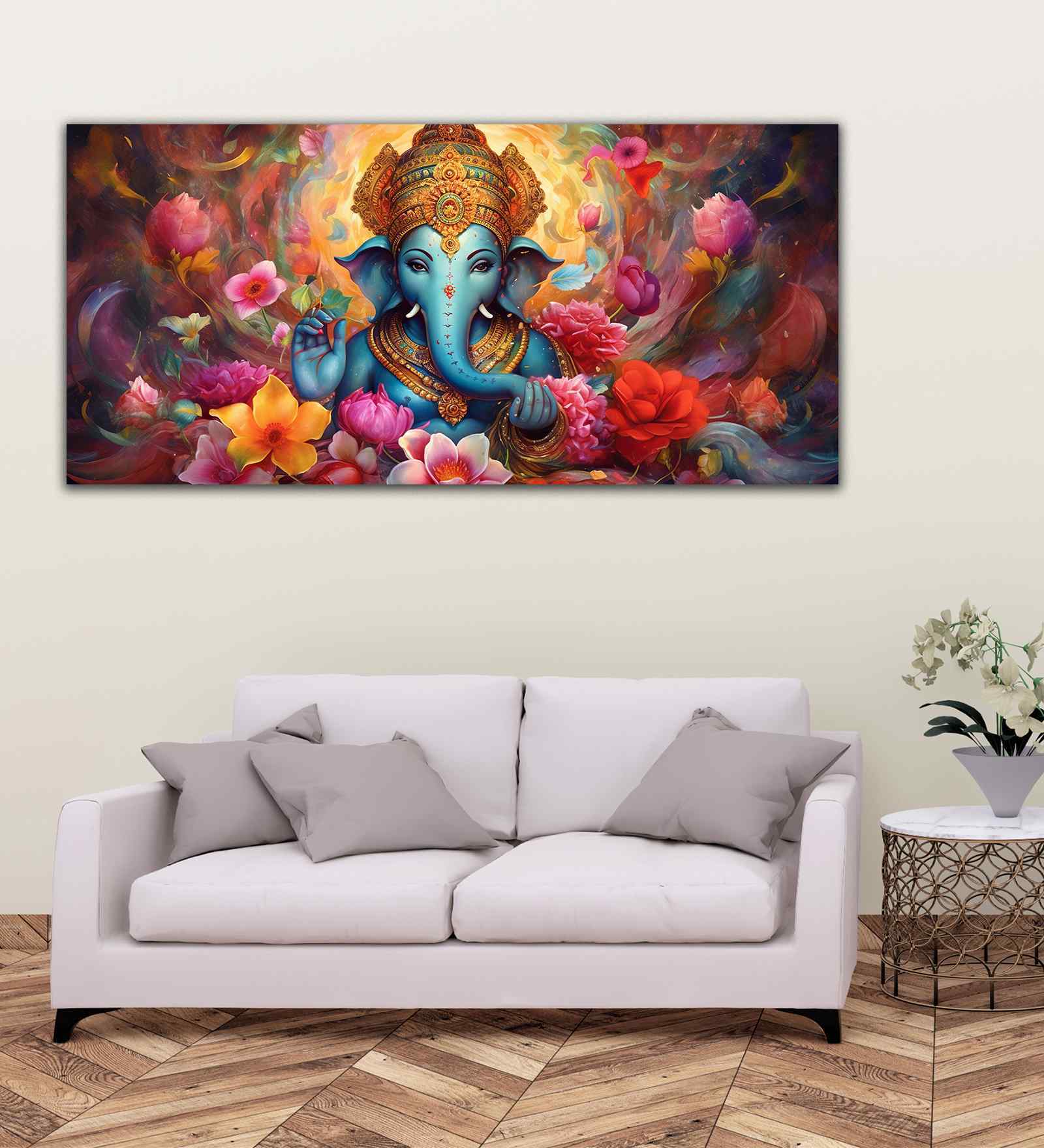 Auspicious Ganpati Floral Premium Canvas Wall Painting