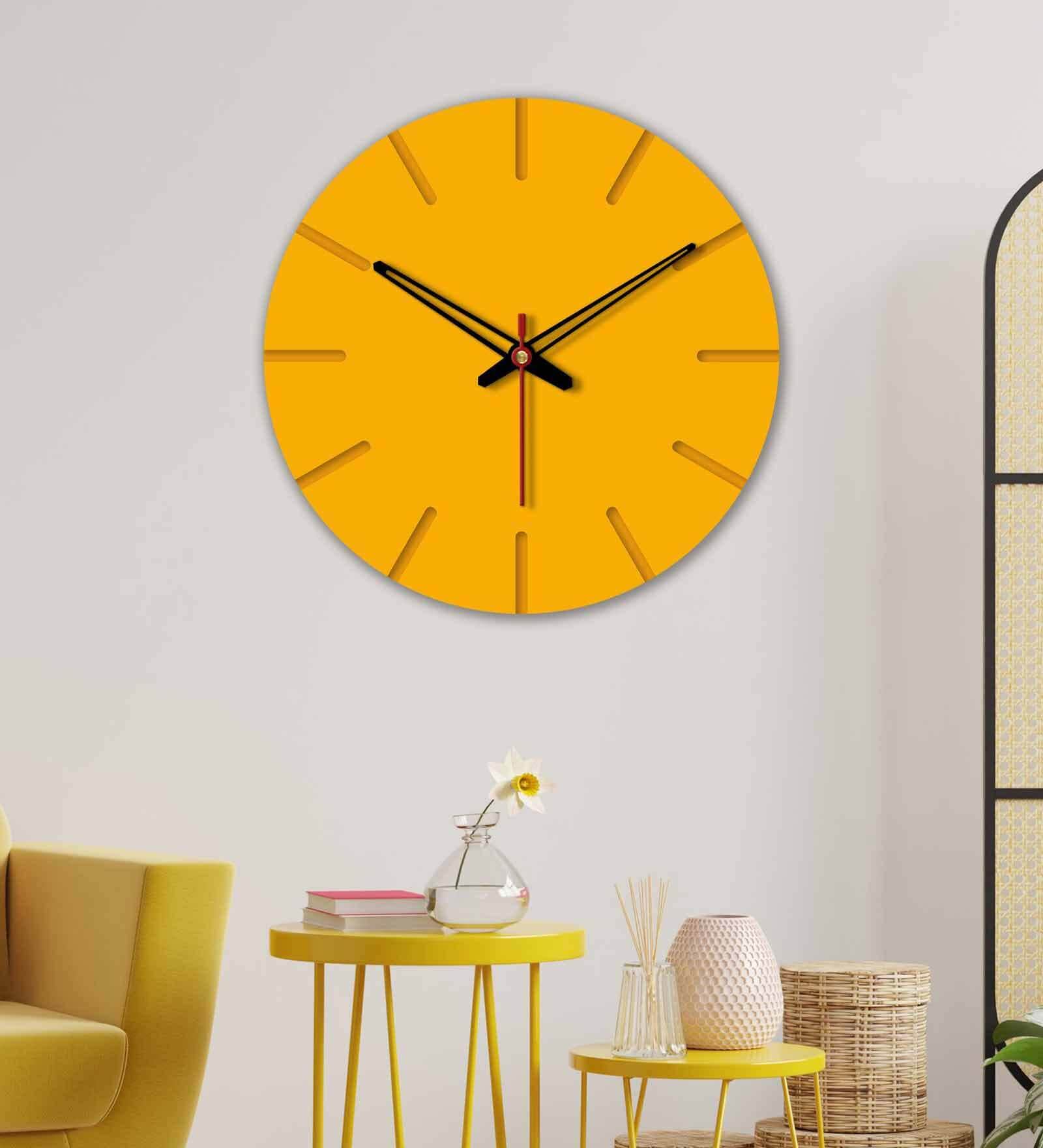 Austere Big  Wood Wall Clock In Yellow