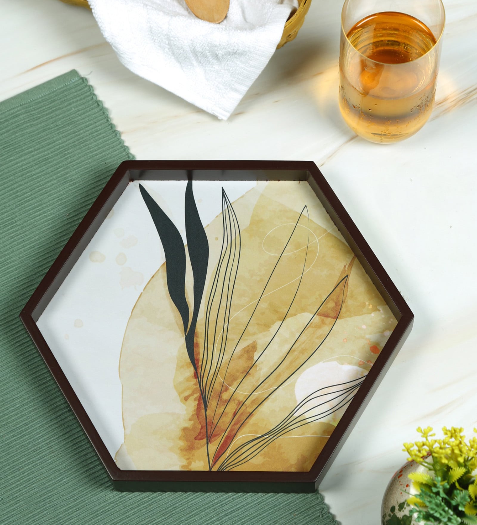 Autumn  Hexagon   Brown MDF Multipurpose Serving Tray