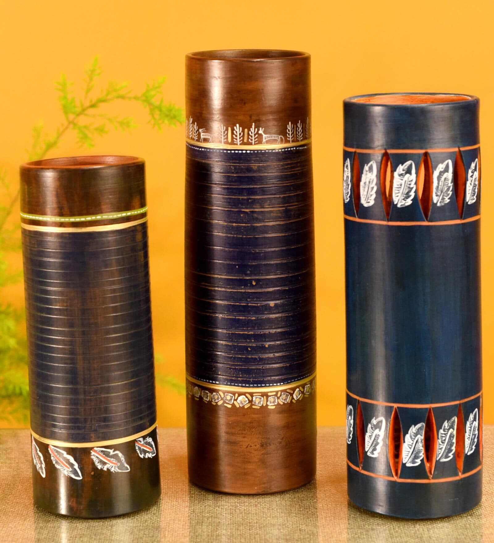 Autumn Leaf (Set Of 3) Blue Terracotta Floor Vase