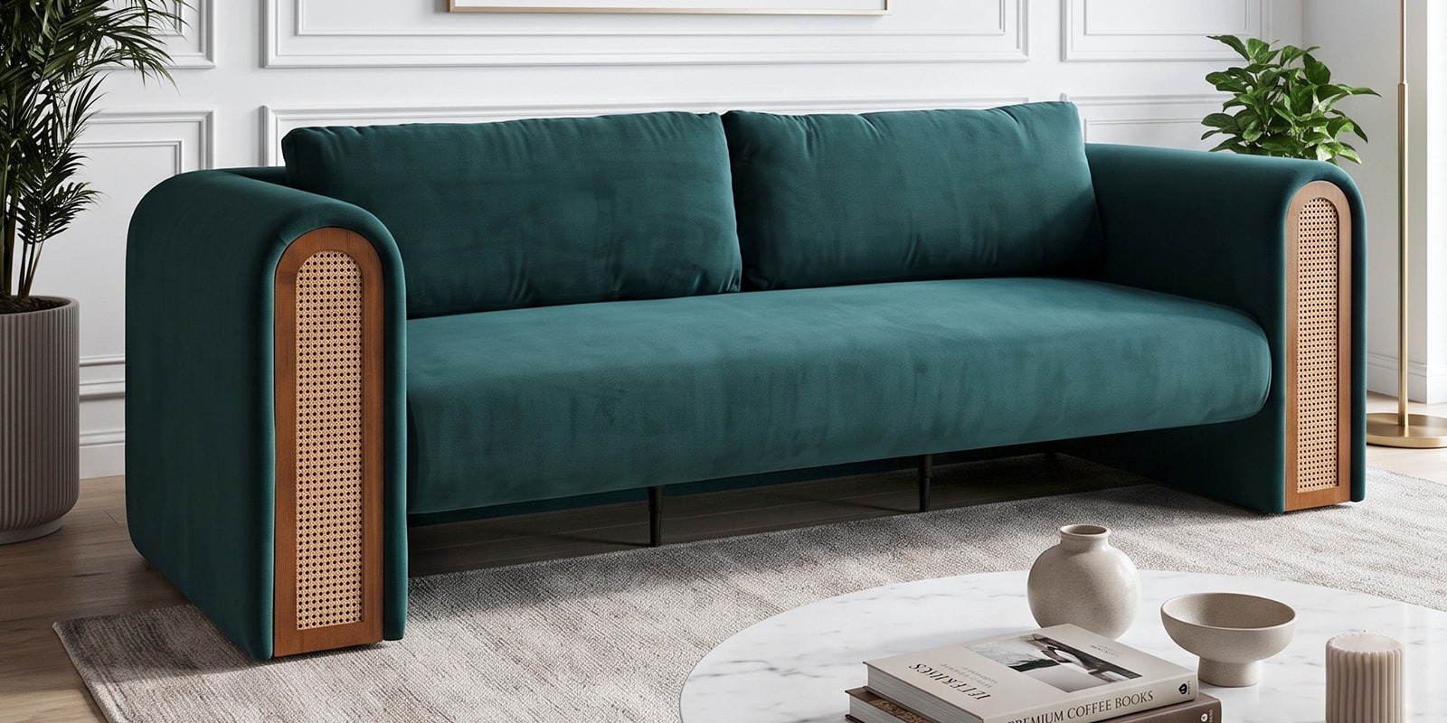 Aura 3 Seater Sofa Cane & Velvet Couch in Blue Oasis Colour