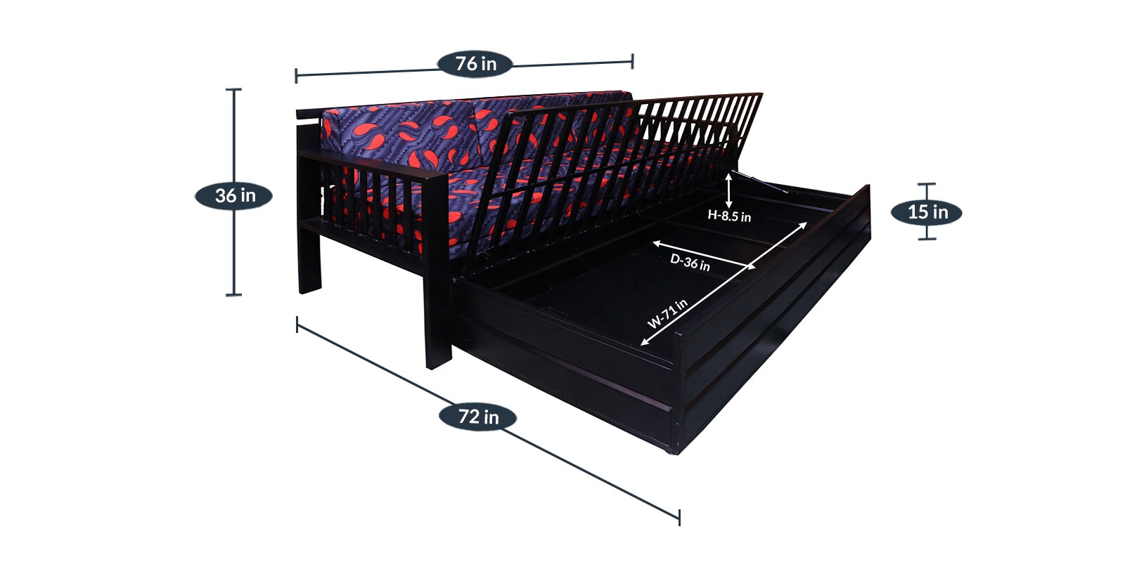 Buy Aurora Metal KingSize Sofa cum Bed with Hydraulic Storage in Matte