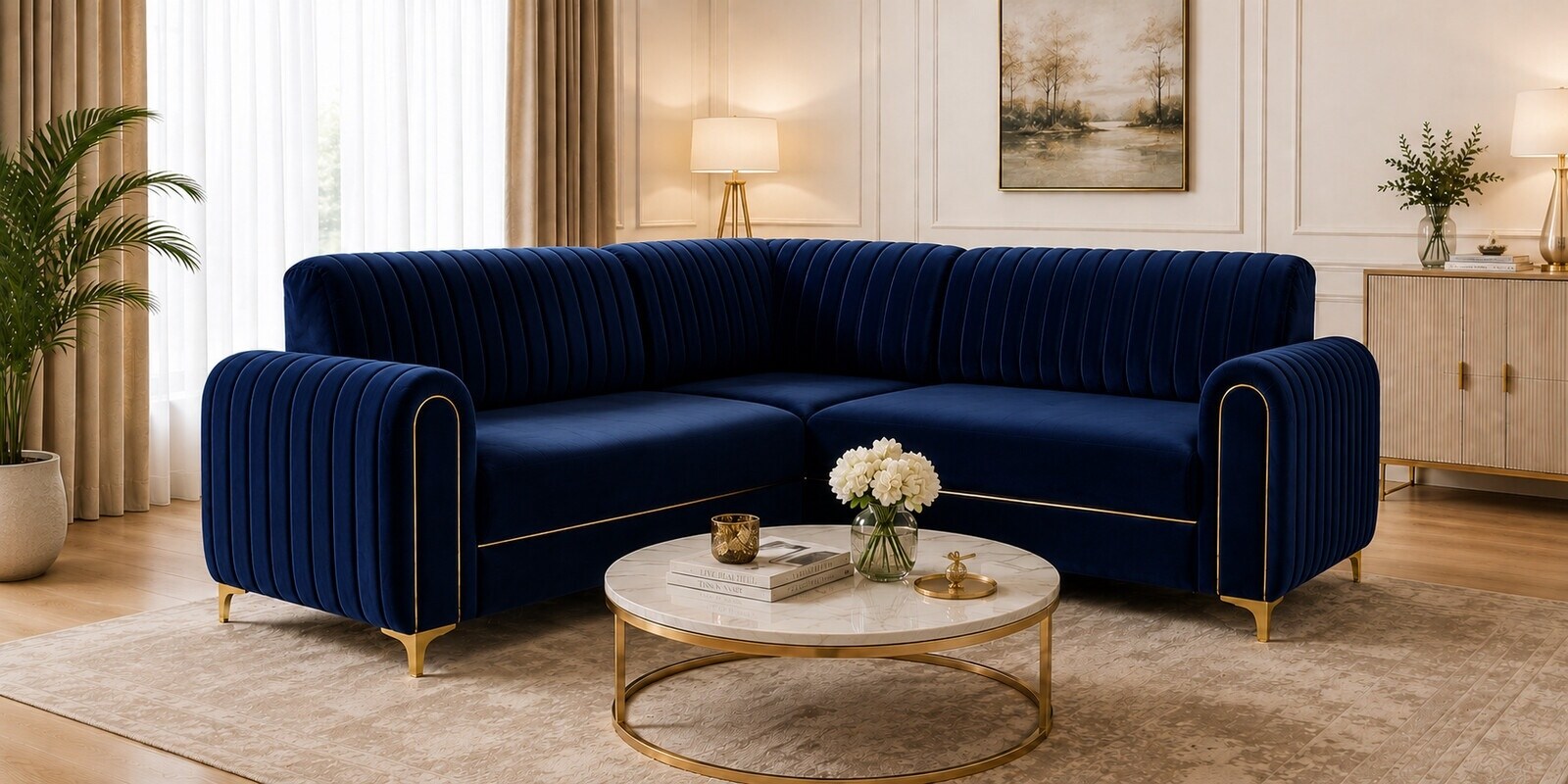 Austin 6 Seater Corner Sofa In Blue Color