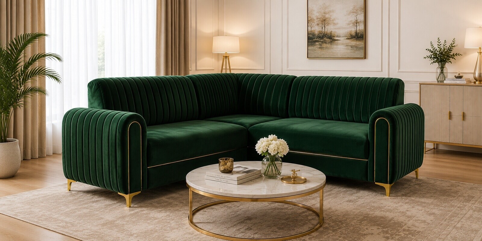 Austin 6 Seater Corner Sofa In Green Color