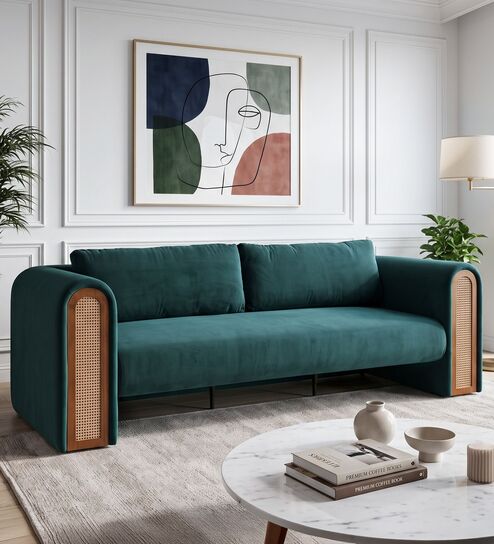 Aura 3 Seater Sofa Cane & Velvet Couch in Blue Oasis Colour