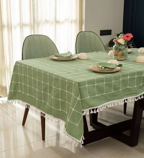 Aura Checks sage green Embroidered Cotton Table cover ( 4 Seater  )