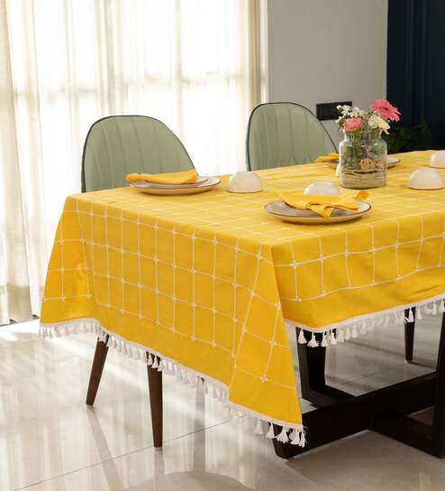 Aura Checks yellow Embroidered Cotton Table cover ( 6 Seater  )