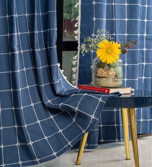 Aura Indigo Checks Embroidery Cotton Curtains for Window Pack of 1