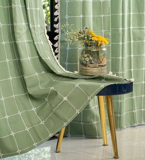 Aura Sage Green Checks Embroidery Cotton Curtains for Door Pack of 1
