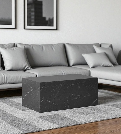 Auraa Industrial Luxe Block Coffee Table in Light Veined Stone Design in Black Colour