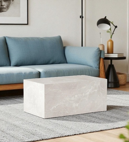Auraa Industrial Luxe Block Coffee Table in Light Veined Stone Design in Creame Colour