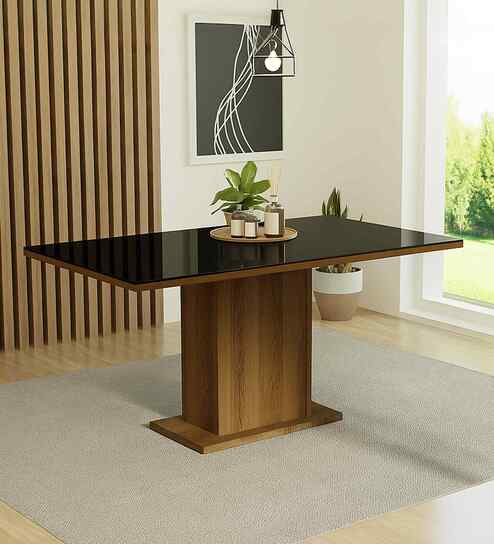 Aurea Glass Table Top 6 Seater Dining Table With In Brown & Black Finish