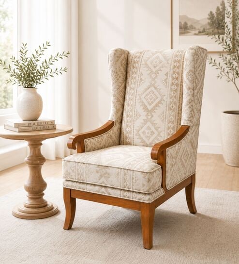 Auren Teak Wood Wing Chair With Suede Fabric In White Colour