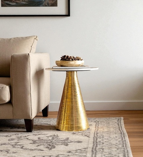 Auric Marble Top Metal End Table In Gold Colour