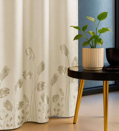 Aurika Beige Foil Print Polyester Curtains for Door Pack of 2