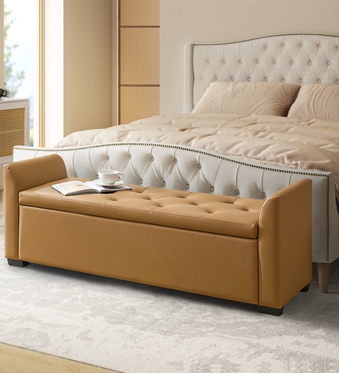 Aurora Fabric Luxe Leatherette Storage Ottoman in Camel Brown  Colour