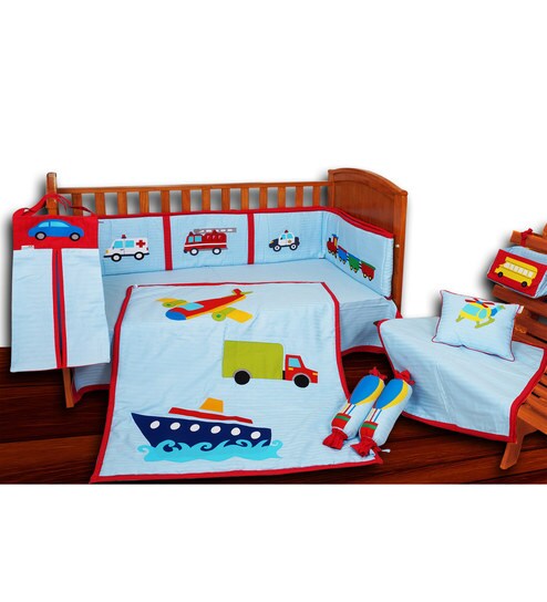 Buy Aurraa 9 Piece Cotton Crib Bedding Set Without Bumper In Blue