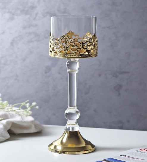 Aurum Gold Crest Pillar Candle Holder Big
