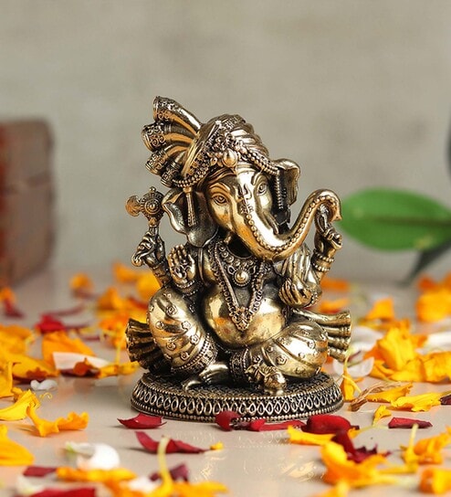 Golden Auspicious Ganesh Ji Brass Idol