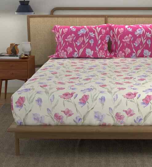 Autumn Pink Floral 144 Tc Cotton Double Bedsheet With 2 Pillow Covers