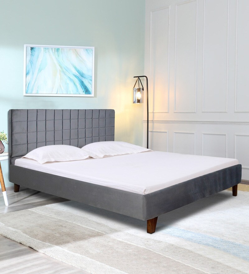 Buy Austin Queen Bed with Upholstered Headboard in Grey Colour