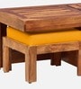 Aura Sheesham Wood Nesting Coffee Table Set in Scratch Resistant Rustic Teak Finish With Cushioned Stools