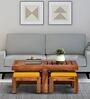 Aura Sheesham Wood Nesting Coffee Table Set in Scratch Resistant Rustic Teak Finish With Cushioned Stools