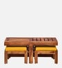 Aura Sheesham Wood Nesting Coffee Table Set in Scratch Resistant Rustic Teak Finish With Cushioned Stools