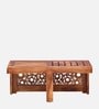 Aura Sheesham Wood Nesting Coffee Table Set in Scratch Resistant Rustic Teak Finish With Cushioned Stools