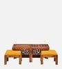 Aura Sheesham Wood Nesting Coffee Table Set in Scratch Resistant Rustic Teak Finish With Cushioned Stools
