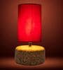 Red Aurelia Table Lamp in Natural Cork with Red Velvet Tall Drum Shade
