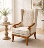 Auren Teak Wood Wing Chair With Suede Fabric In White Colour Auren Teak Wood Wing Chair With Suede Fabric In White Colour