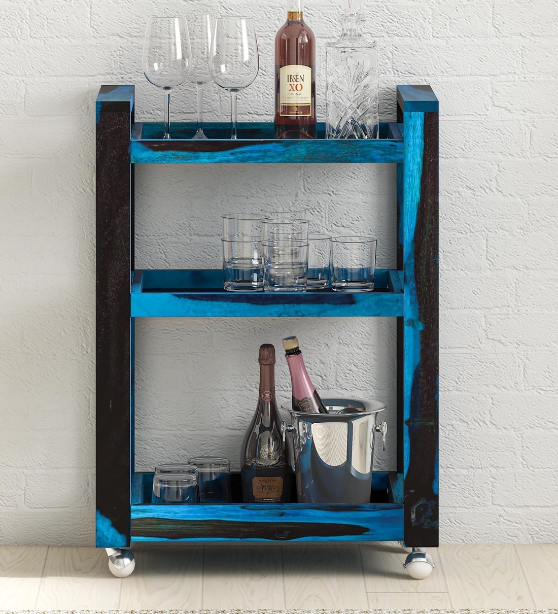 Buy Avian Sheesham Wood Bar Trolley in Ocean Blue Finish at 38 OFF by