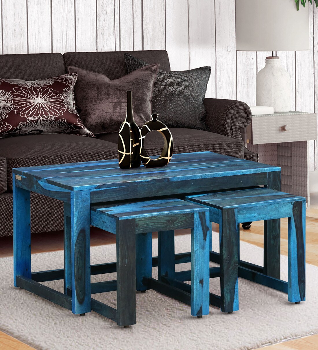 Buy Avian Solid Wood Nesting Coffee Table Set In Ocean Blue Finish By