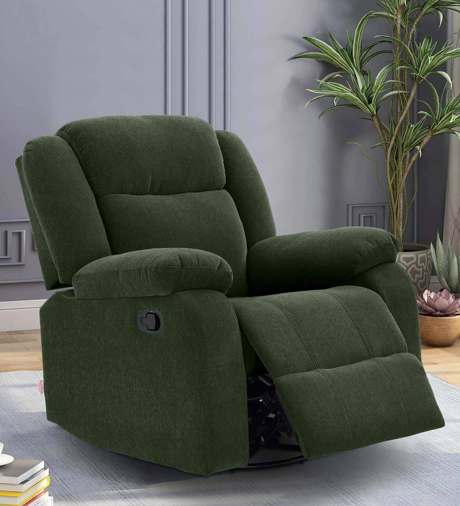 Avalon RRR Fabric 1 Seater Manual Recliner In Green Colour With Rocker & Swivel