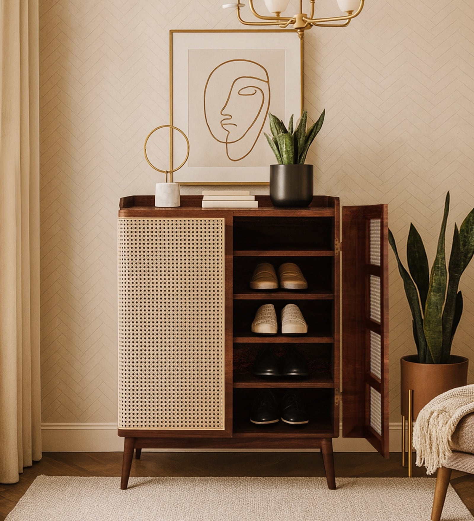 Avana Rattan Mesh Shoe Rack In Walnut Finish