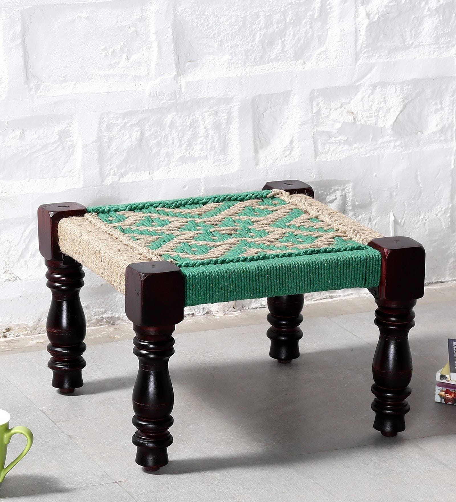 Avapana Sheesham Wood Foot Stool With Jute Weaving In Green Colour