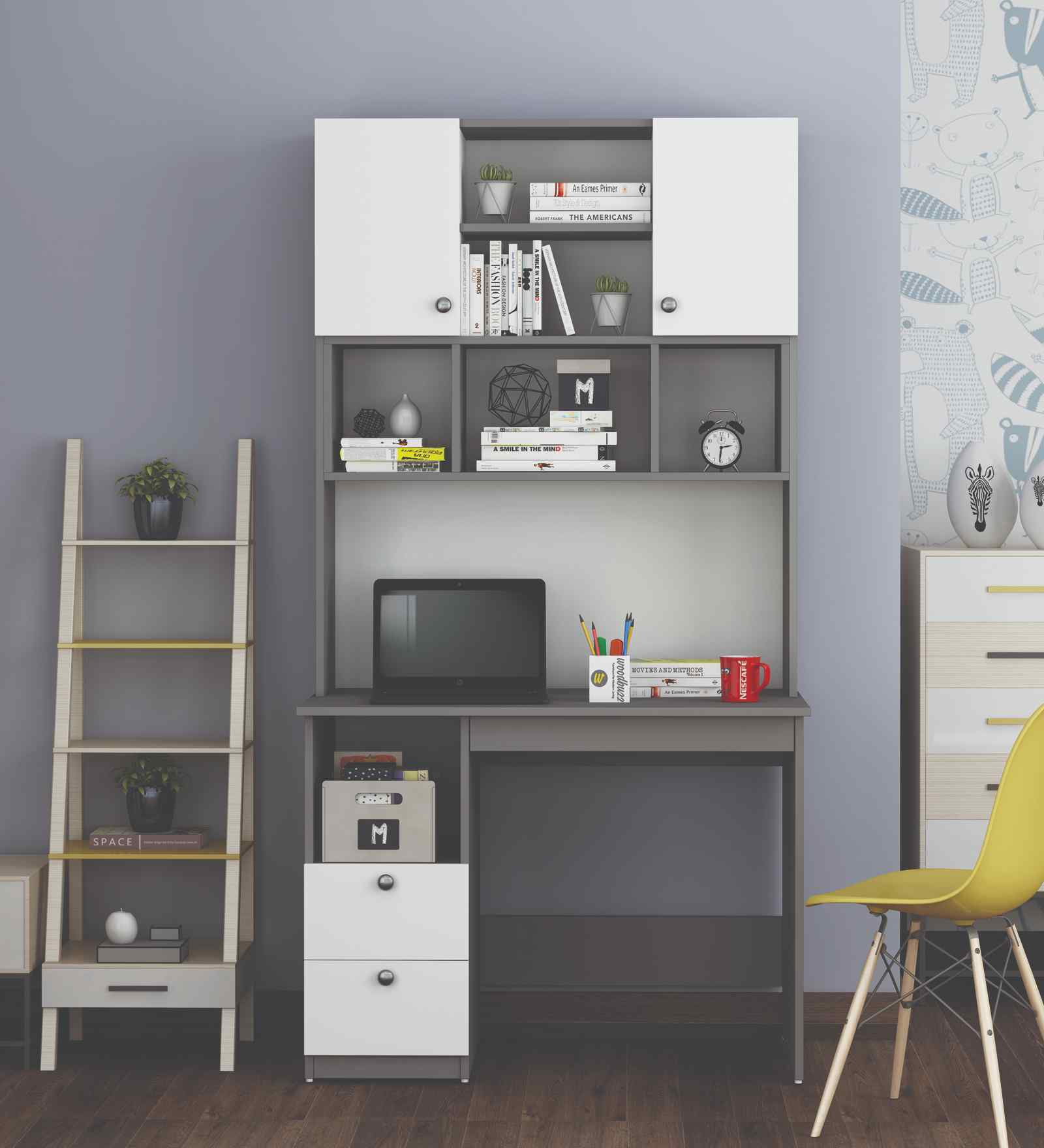 Avenly  Hutch Desk In Grey and Frosty White Finish