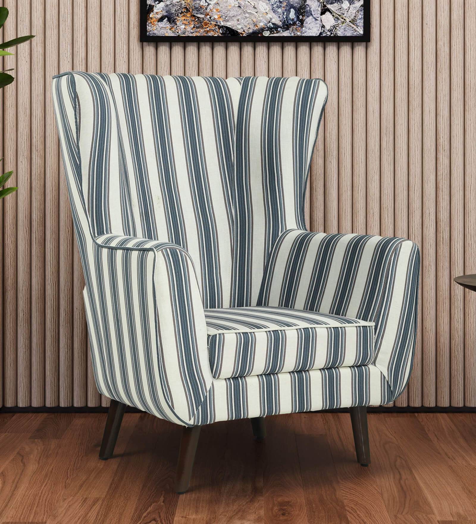 Avery Fabric Wing Chair in White and Green Stripes Colour