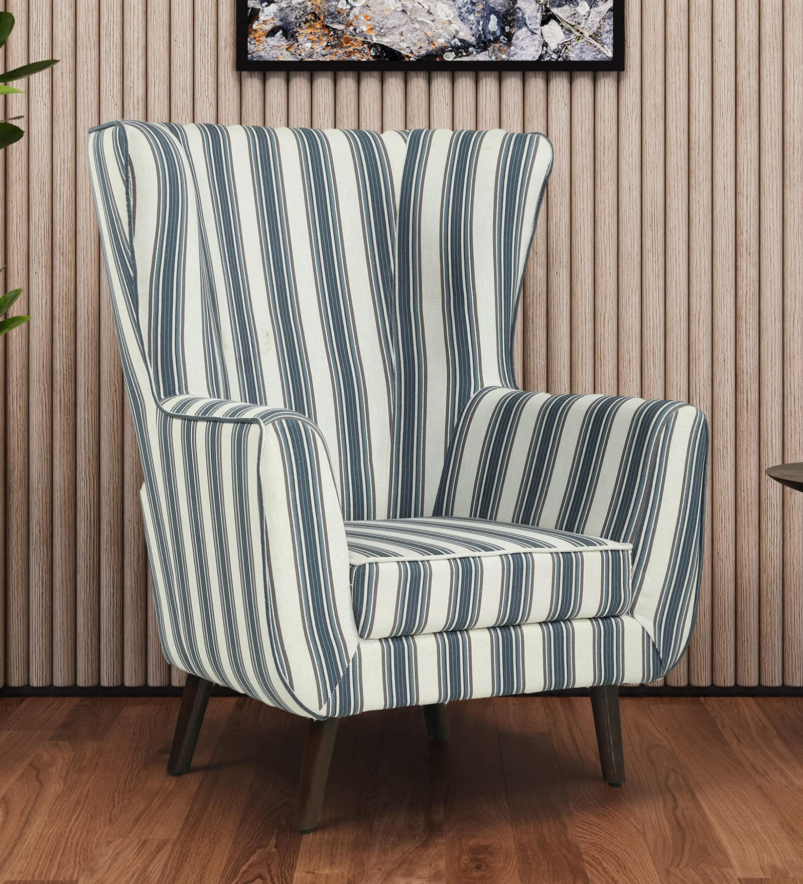 Avery Fabric Wing Chair in White and Green Stripes Colour